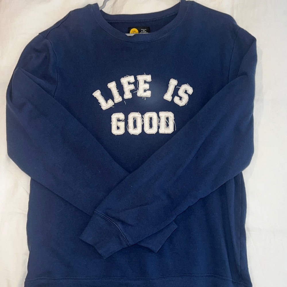 Life Is Good navy blue crewneck with distressed lettering.